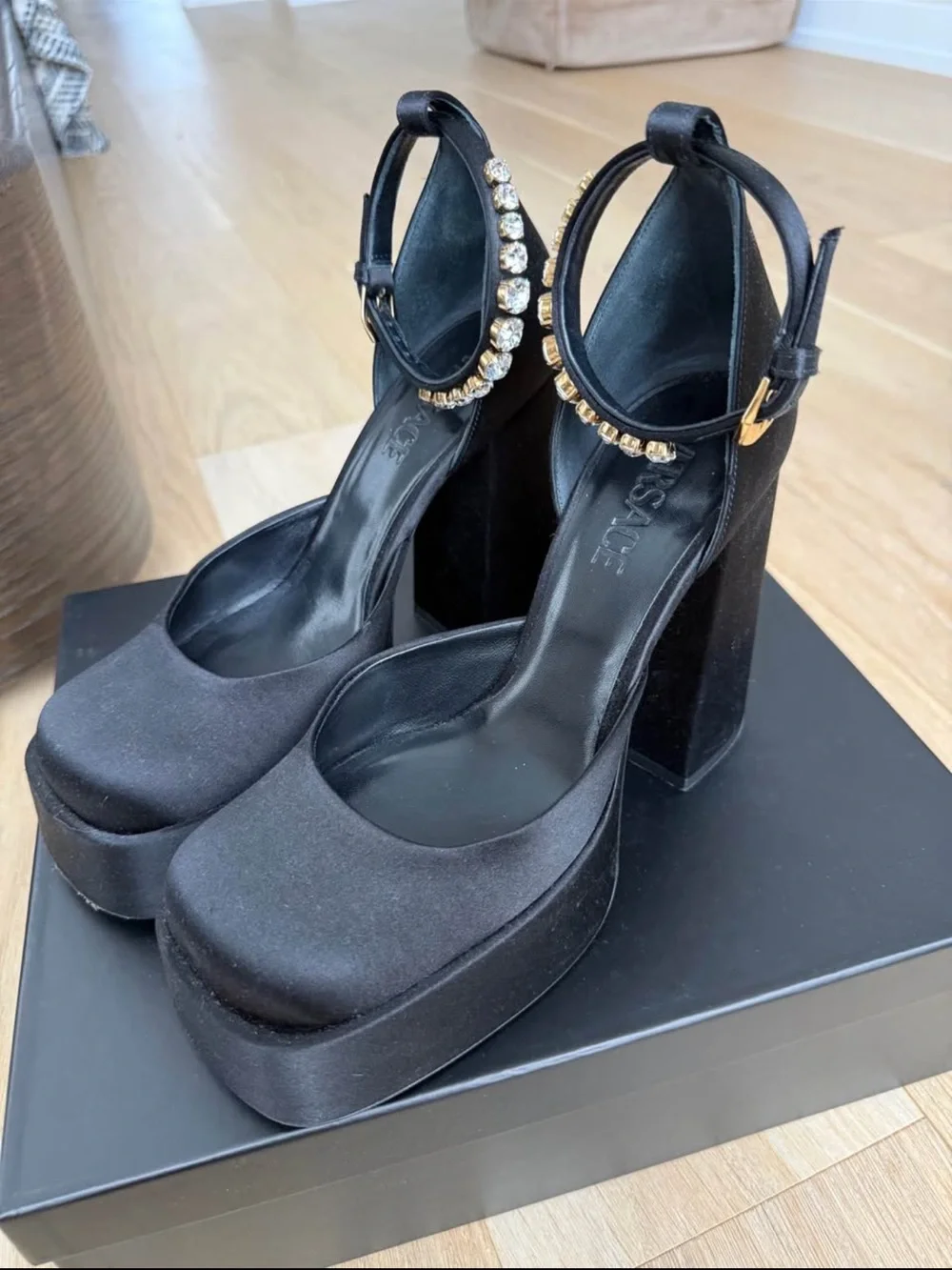 Versace Black Satin Platform Ankle-Strap Heels with Crystal Detail